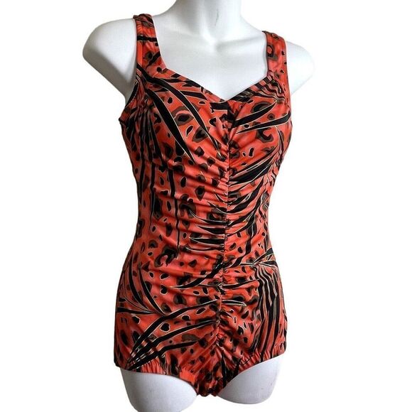 Maxine Sz 16 Gathered Front One Piece Swimsuit Red Orange Animal Print Shapewear - Picture 3 of 14
